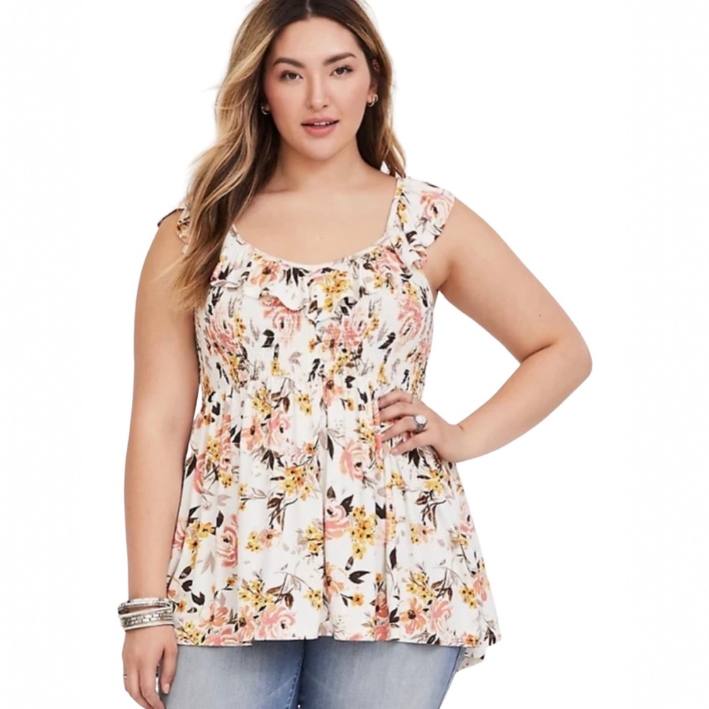 Torrid Super Soft Floral Ruffle Tank in white with pink and yellow florals 5